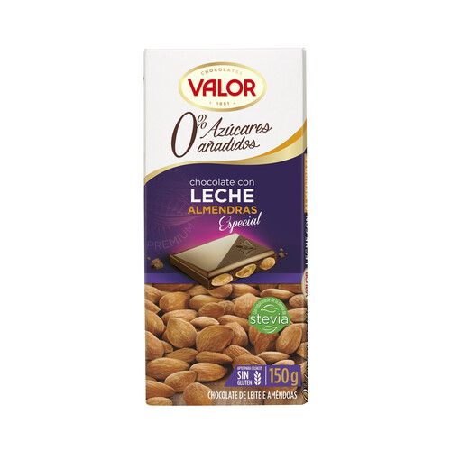 Alcampo VALOR Chocolate con leche y almendras sin azúcares añadidos tableta de 150 g