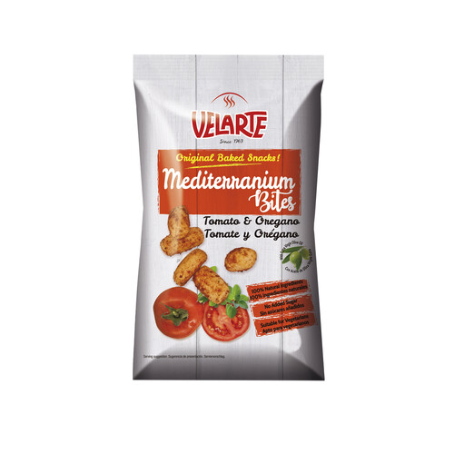 Alcampo VELARTE Mediterraneum Bites Snack palitos de pan crujiente con sabor a tomate y orégano 80 g