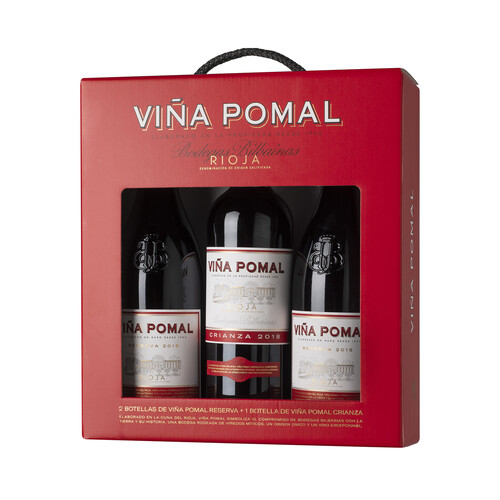 Alcampo VIÑA POMAL Estuche con 2 botellas (75 cl) de vino tinto reserva y botella (75 cl) de vino tinto crianza DO calificada Rioja VIÑA POMAL