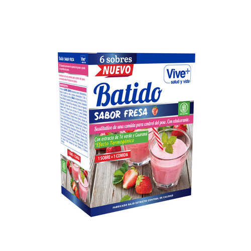 Alcampo VIVE+ SALUD Y VIDA Batido sustitutivo sabor fresa con extracto de té verde y guaraná VIVE + SALUD Y VIDA 180 g
