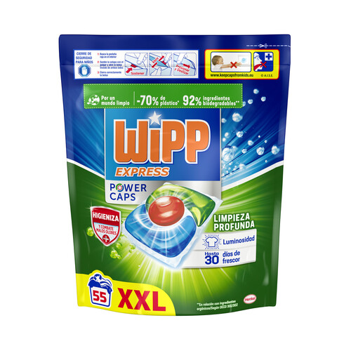 Alcampo WIPP EXPRESS Power caps Detergente para lavadora en cápsulas para una limpieza profunda 55 uds