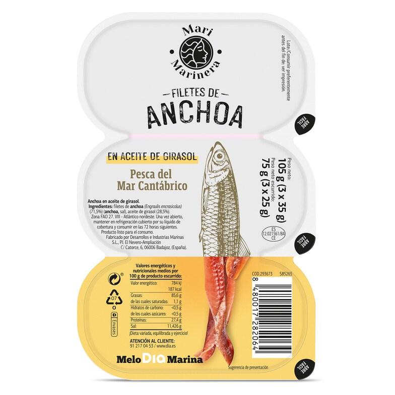 Dia Filetes de anchoa del Cantábrico en aceite de girasol Mari Marinera de Dia pack 3 x 25 g