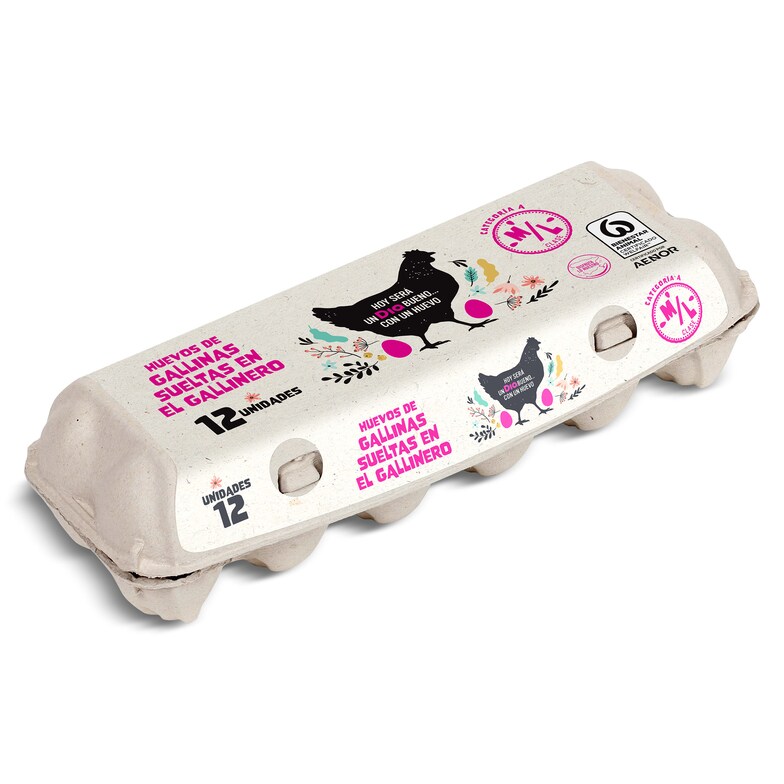 Dia Huevos frescos de gallinas criadas en suelo categoría A clase M/L Dia bandeja 12 unidades