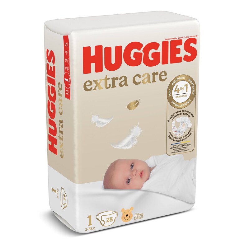 Dia Pañales para recién nacido 2-5 kgs talla 1 Huggies Extra Care bolsa 28 unidades
