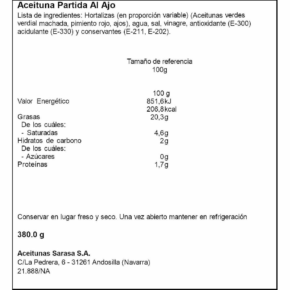 Eroski Aceituna Partida Al Ajo SARASA Tarrina 200 G