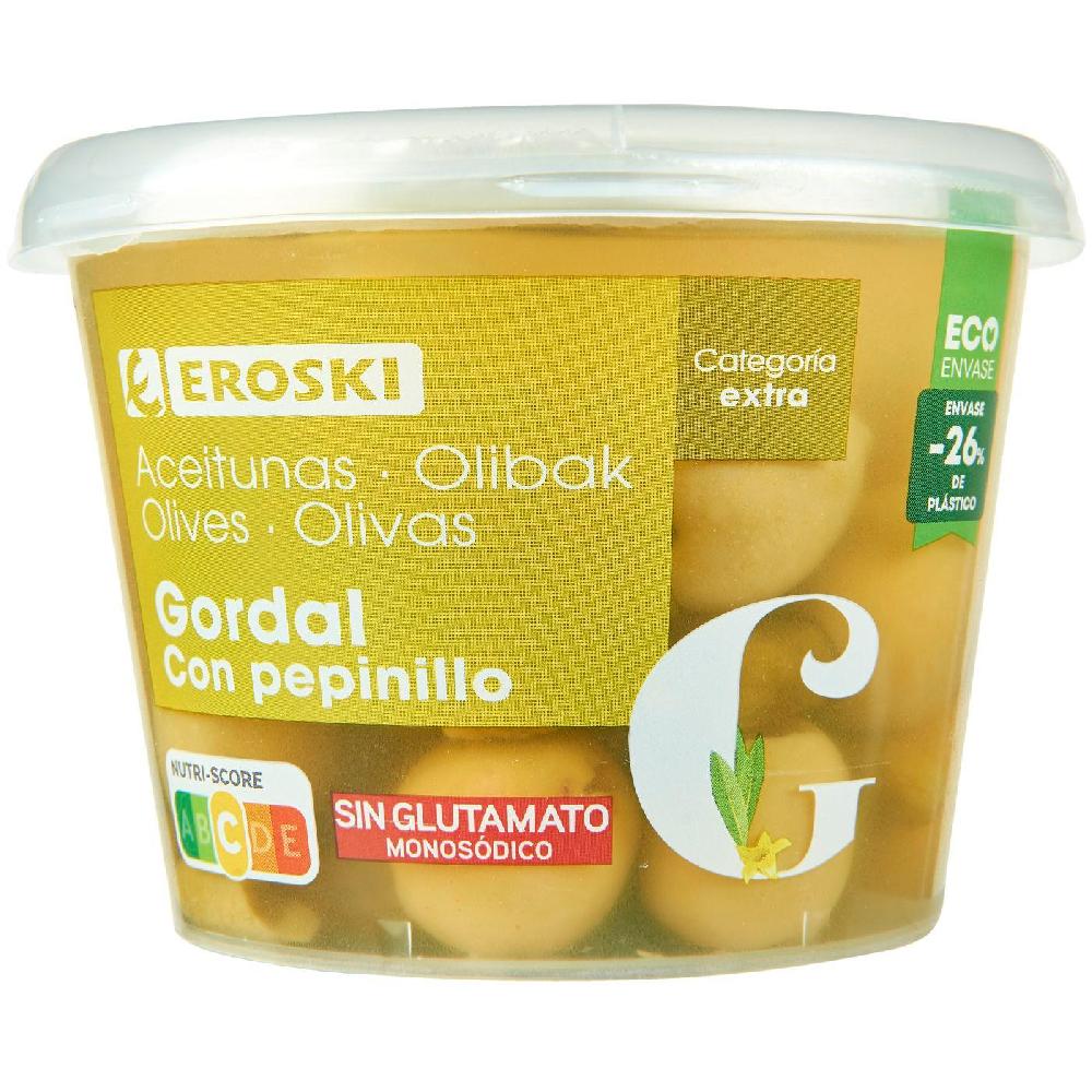 Eroski Aceitunas gordal con pepinillo EROSKI cubeta 250 g