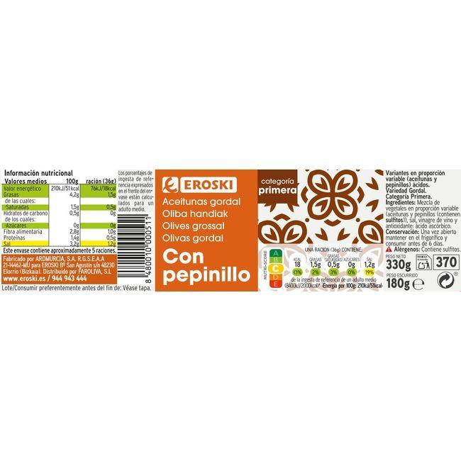 Eroski Aceitunas Gordal Con Pepinillo EROSKI Frasco 180 G