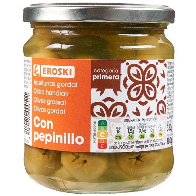 Eroski Aceitunas gordal con pepinillo EROSKI frasco 180 g