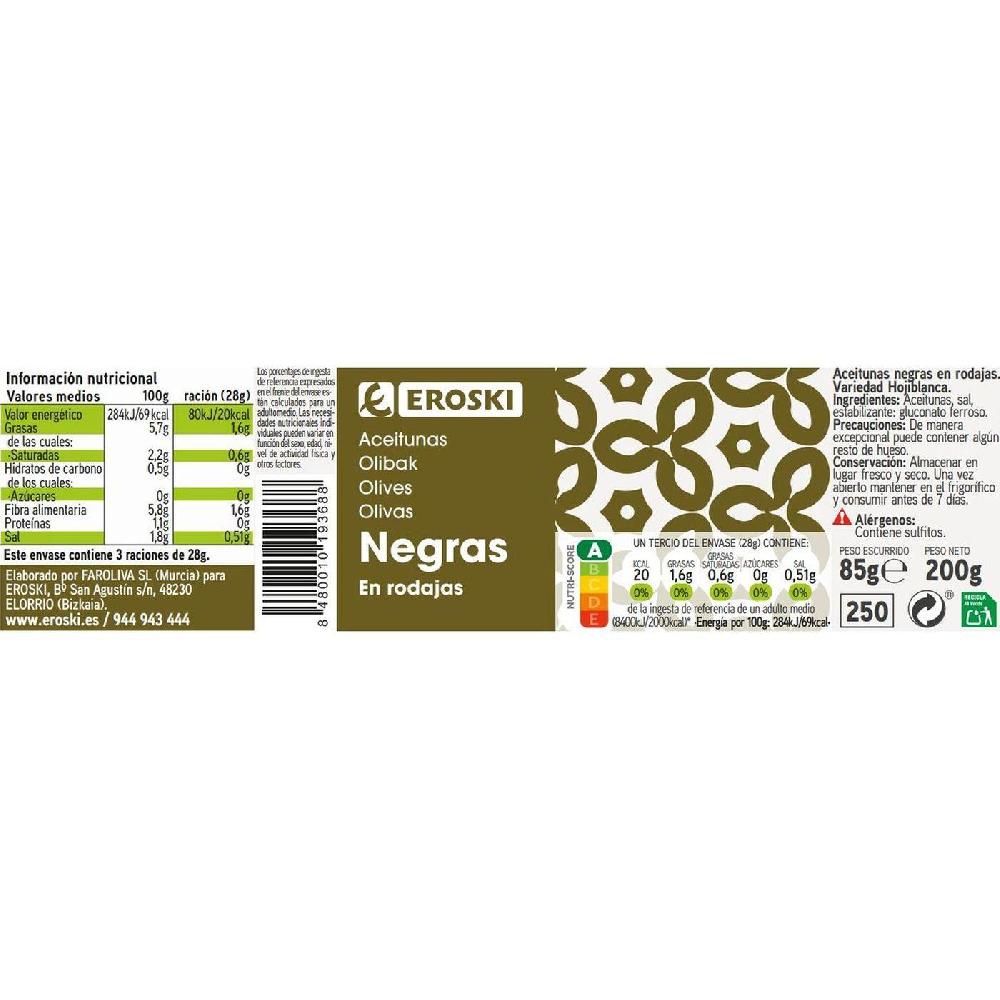 Eroski Aceitunas Negras En Rodajas EROSKI Frasco 85 G
