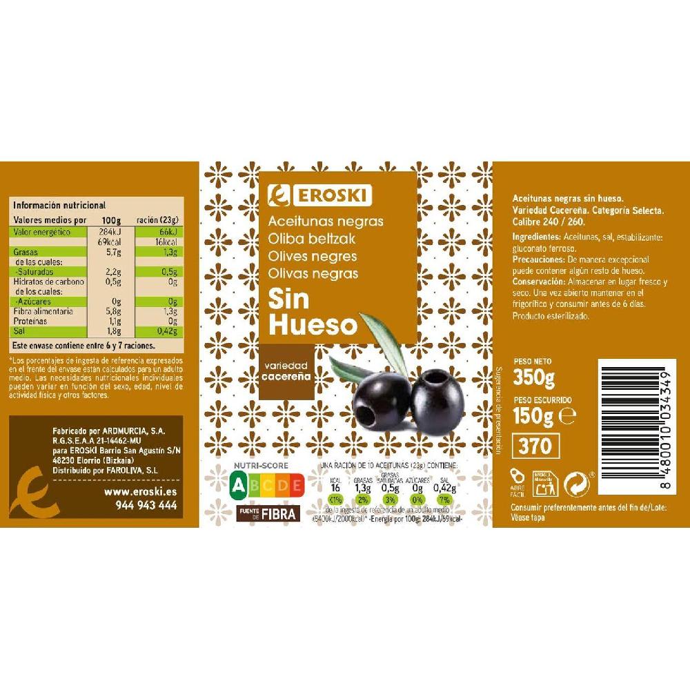 Eroski Aceitunas Negras Sin Hueso EROSKI Lata 150 G