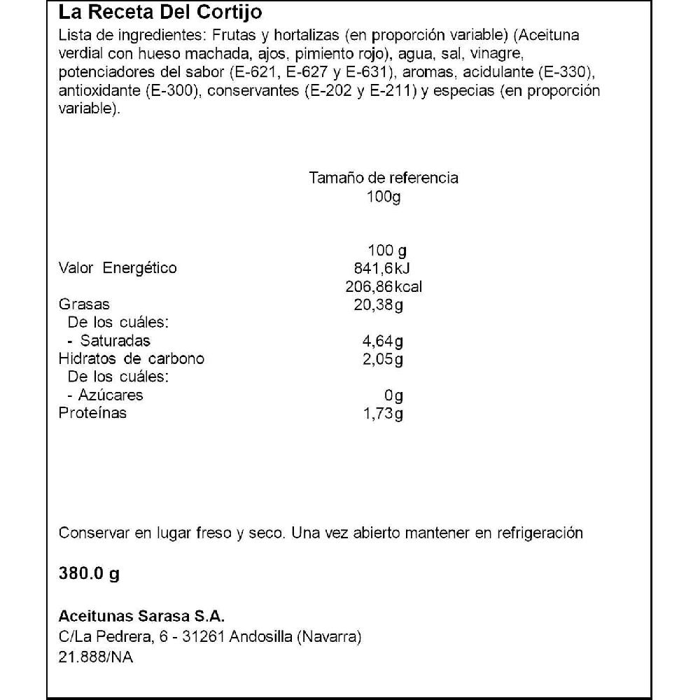 Eroski Aceitunas Receta Del Cortijo SARASA Tarrina 200 G