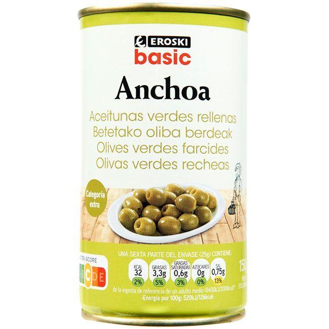 Eroski Aceitunas rellenas de anchoa EROSKI BASIC lata 150 g