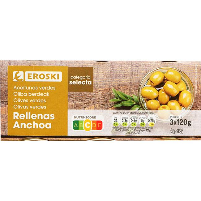 Eroski Aceitunas rellenas de anchoa EROSKI pack 3x50 g