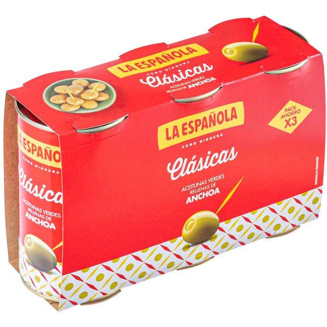Eroski Aceitunas rellenas de anchoa LA ESPAÑOLA pack 3x150 g