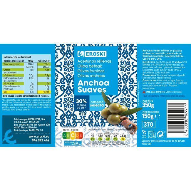 Eroski Aceitunas Rellenas De Anchoa Suaves EROSKI Lata 150 G