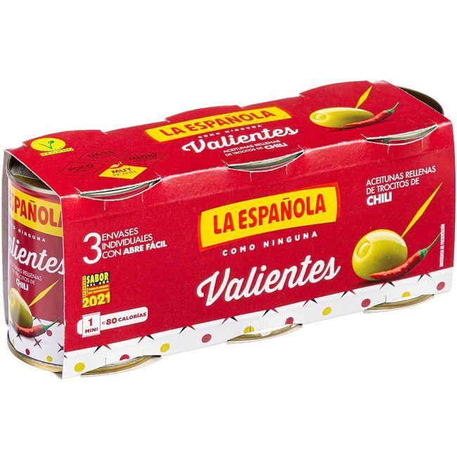 Eroski Aceitunas rellenas de chili valientes LA ESPAÑOLA pack 3x50 g