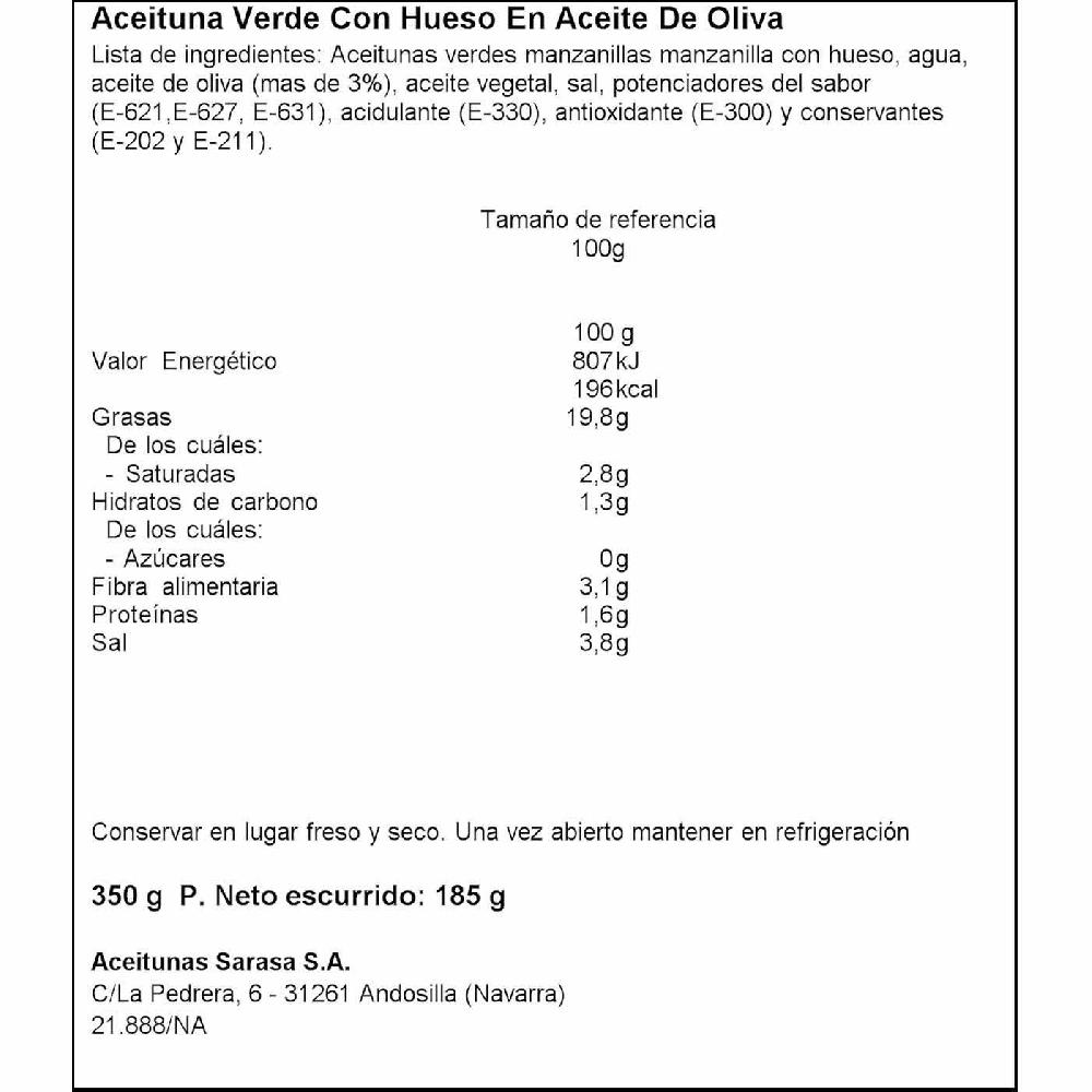 Eroski Aceitunas Verdes Con Aceite De Oliva SARASA Lata 185 G