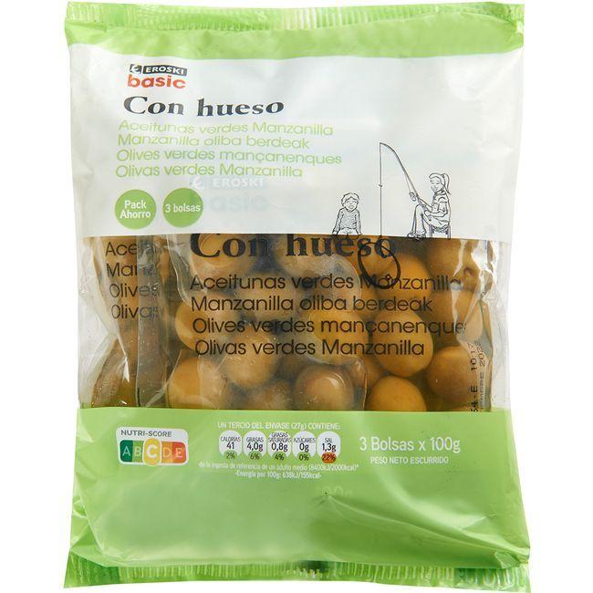Eroski Aceitunas verdes con hueso EROSKI basic pack 3x100 g