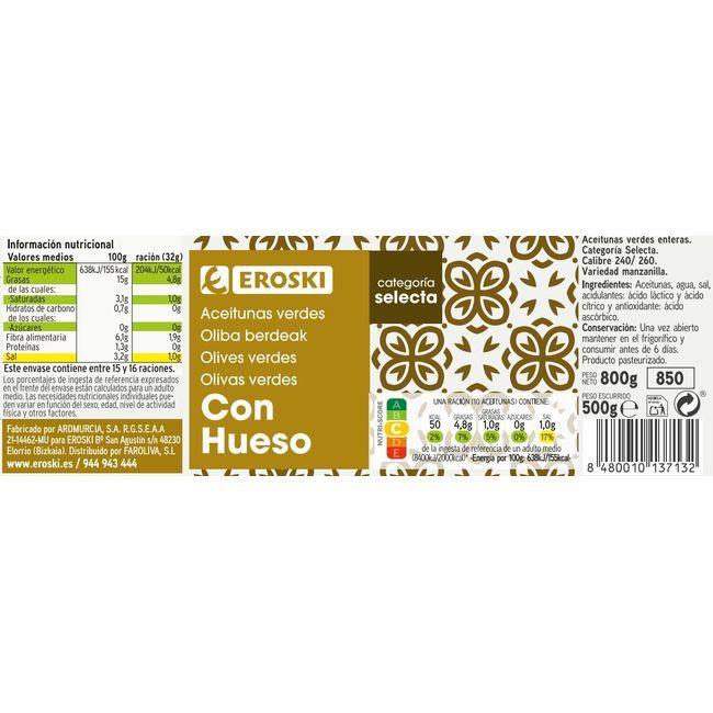 Eroski Aceitunas Verdes Con Hueso EROSKI Frasco 500 G
