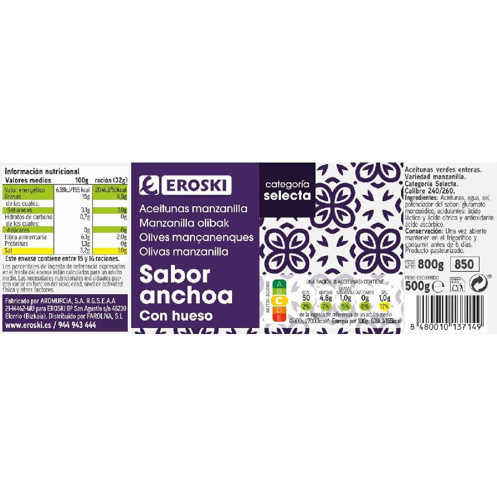 Eroski Aceitunas Verdes Sabor Anchoa EROSKI Frasco 500 G