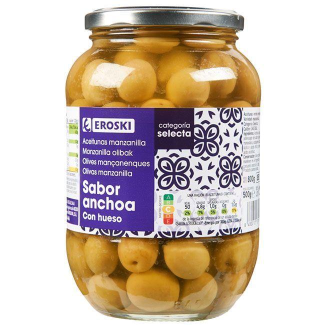 Eroski Aceitunas verdes sabor anchoa EROSKI frasco 500 g