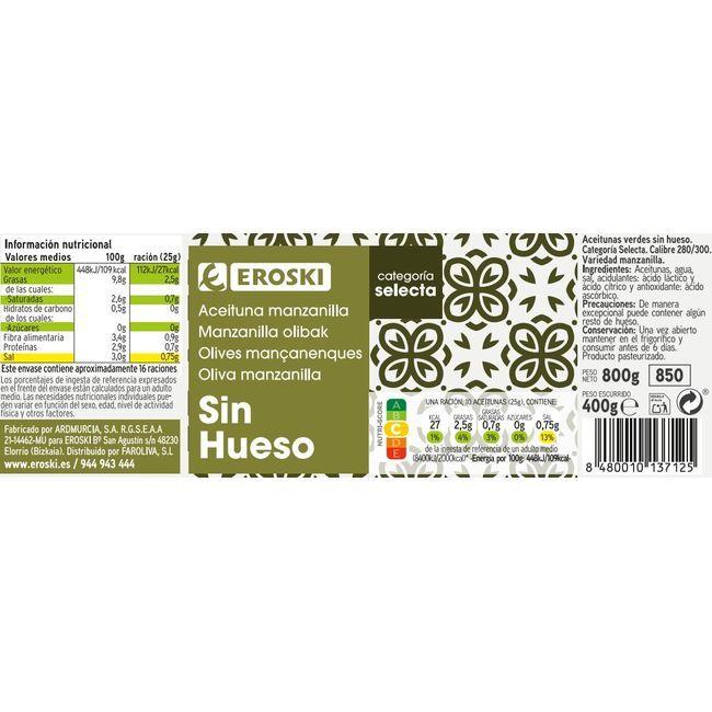 Eroski Aceitunas Verdes Sin Hueso EROSKI Frasco 400 G