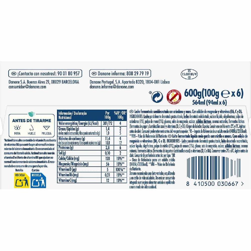 Eroski Actimel De Mora Y Arándanos DANONE Pack 6x100 G