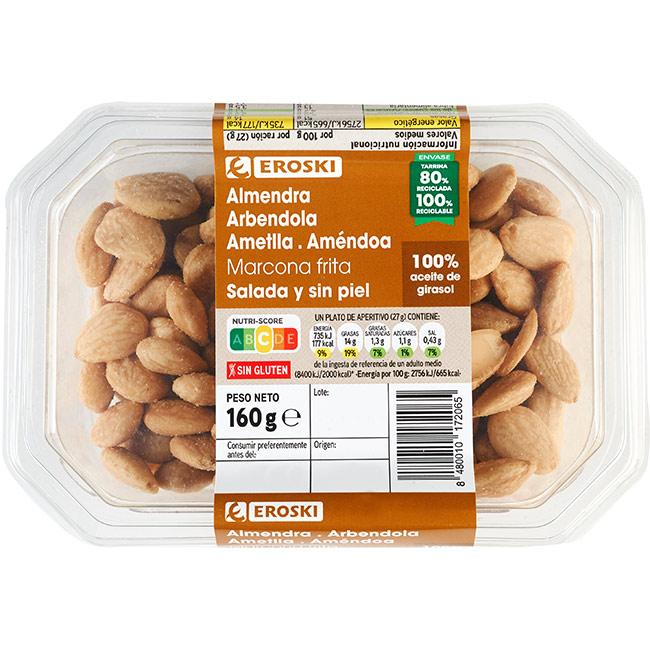 Eroski Almendras marconas repeladas fritas EROSKI tarrina 160 g