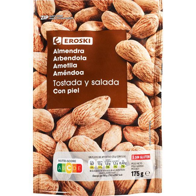Eroski Almendras tostadas saladas con piel EROSKI bolsa 175 g