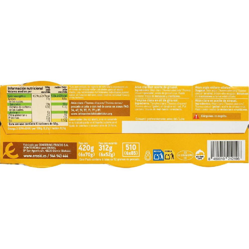 Eroski Atún Claro En Aceite De Girasol EROSKI Pack 6x70 G