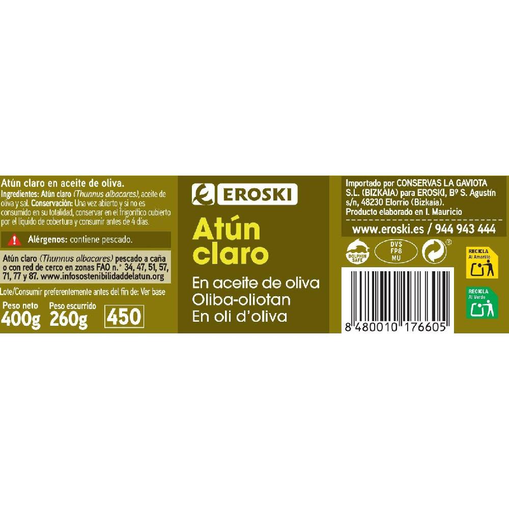 Eroski Atún Claro En Aceite De Oliva EROSKI Frasco 400 G