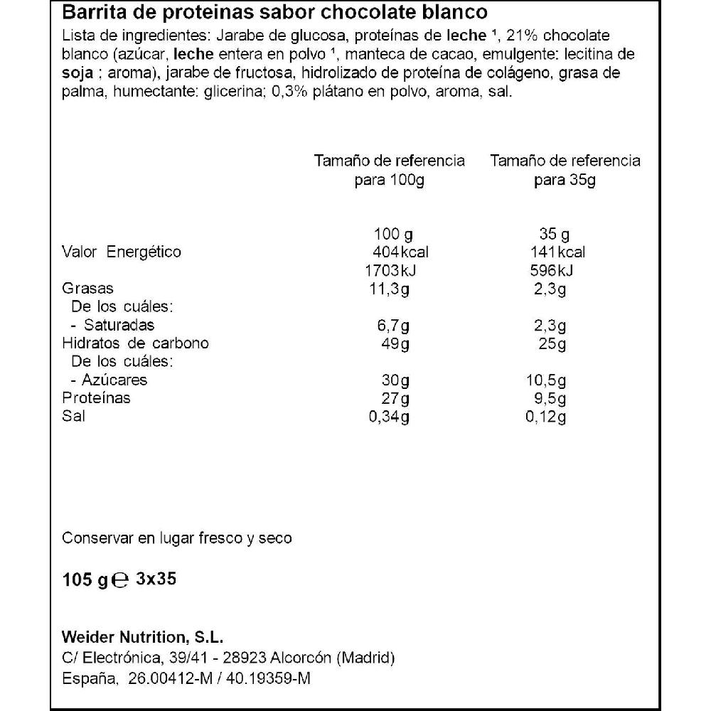 Eroski Barrita De Proteína Y Chocolate Blanco WEIDER 3 Uds Caja 105 G