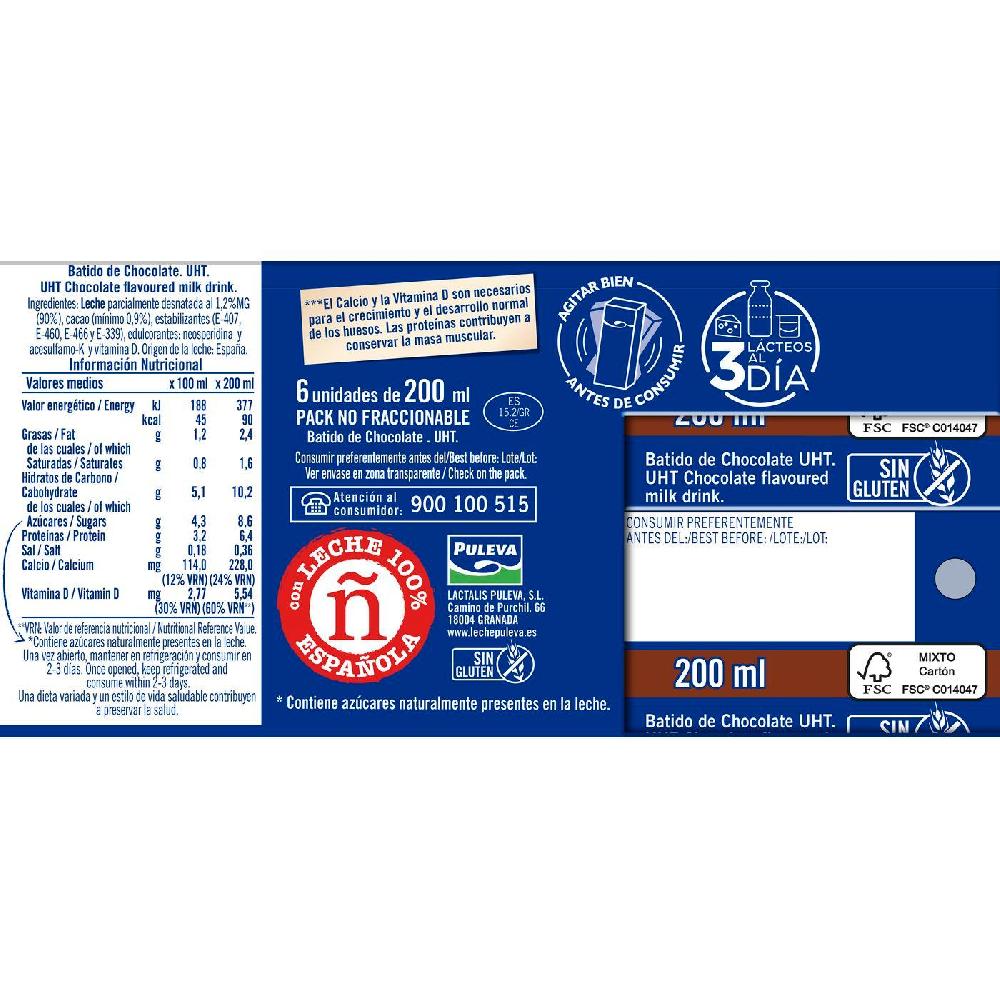 Eroski Batido De Cacao 0% Azúcar Añadido PULEVA Brik 6x200 Ml