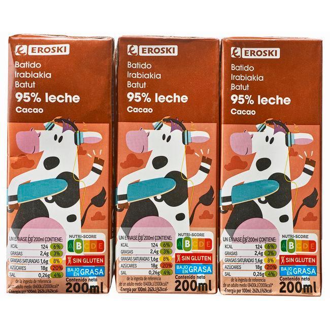 Eroski Batido sabor chocolate 95% leche EROSKI pack 6x200 ml