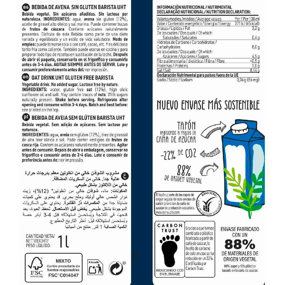 Eroski Bebida De Avena Barista Sin Gluten DIAT RADISSON Brik 1 Litro