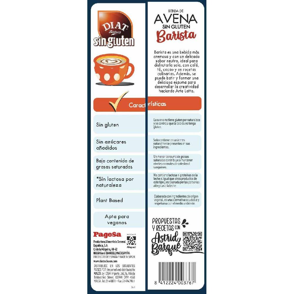 Eroski Bebida De Avena Barista Sin Gluten DIAT RADISSON Brik 1 Litro