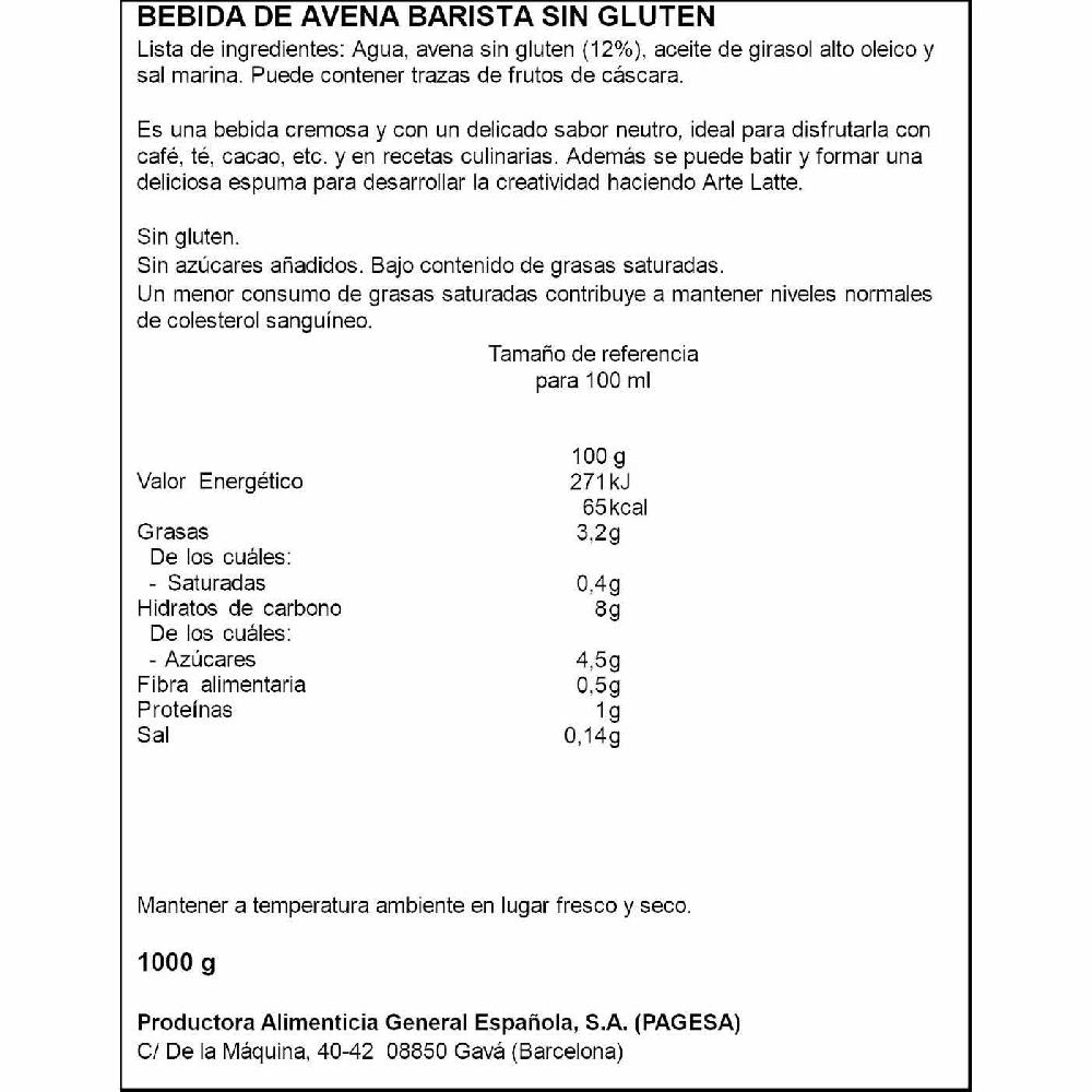 Eroski Bebida De Avena Barista Sin Gluten DIAT RADISSON Brik 1 Litro