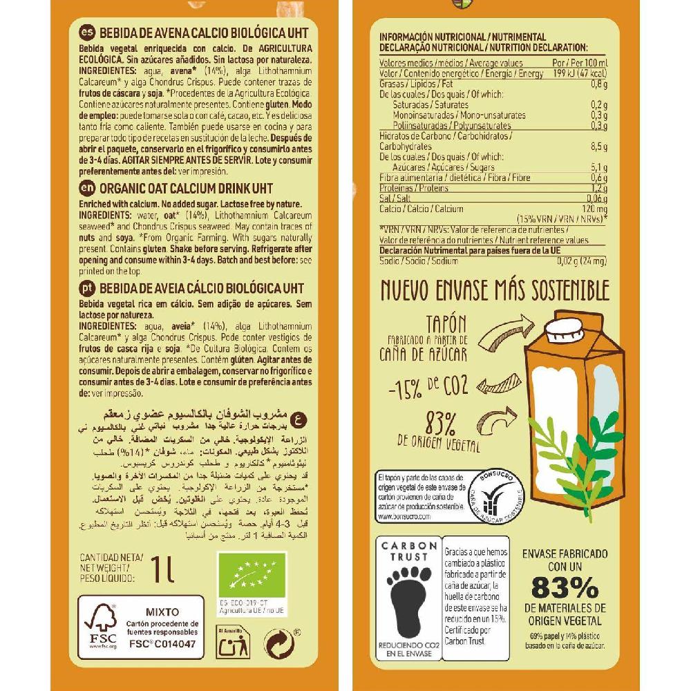 Eroski Bebida De Avena Con Calcio Biológica DIAT RADISSON Brik 1 Litro
