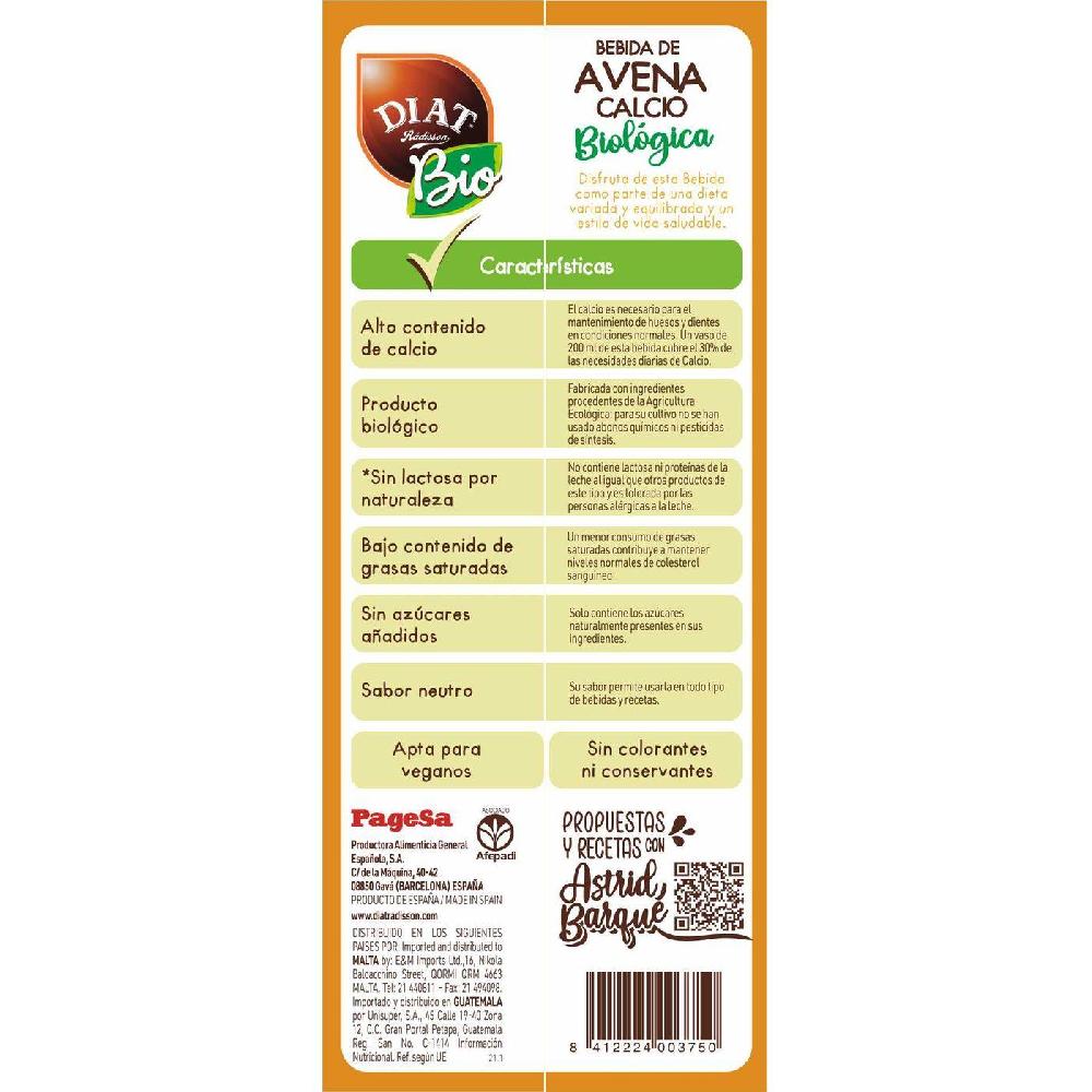 Eroski Bebida De Avena Con Calcio Biológica DIAT RADISSON Brik 1 Litro