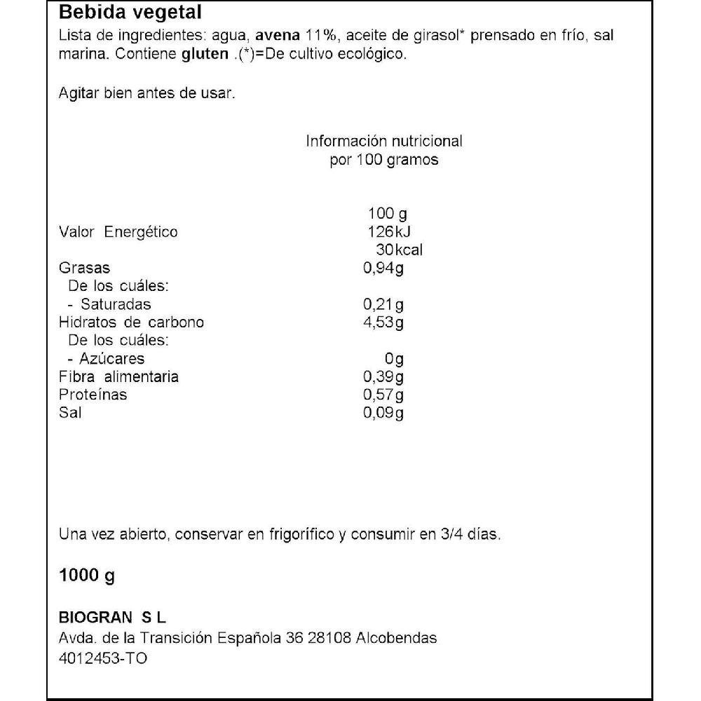 Eroski Bebida Vegetal De Avena 0% Bio BIOGRAN Brik 1 Litro