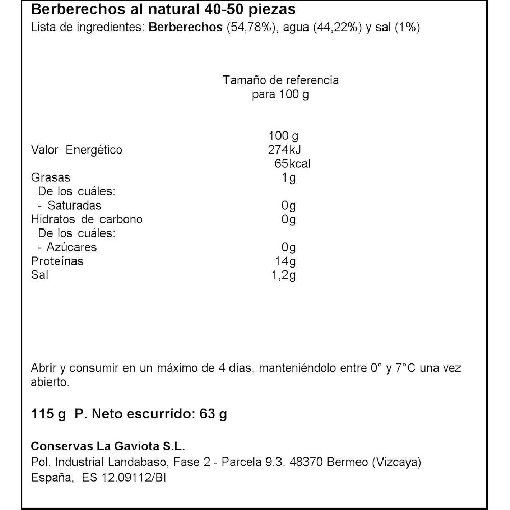Eroski Berberechos Al Natural 40/50 Piezas ARROYABE Lata 63 G