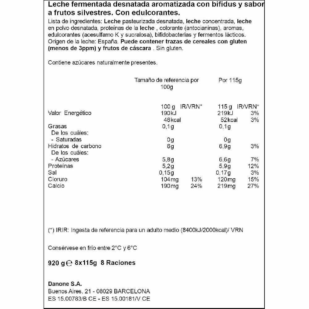 Eroski Bifidus Activia 0% Frutos Silvestres DANONE Pack 8x115 G