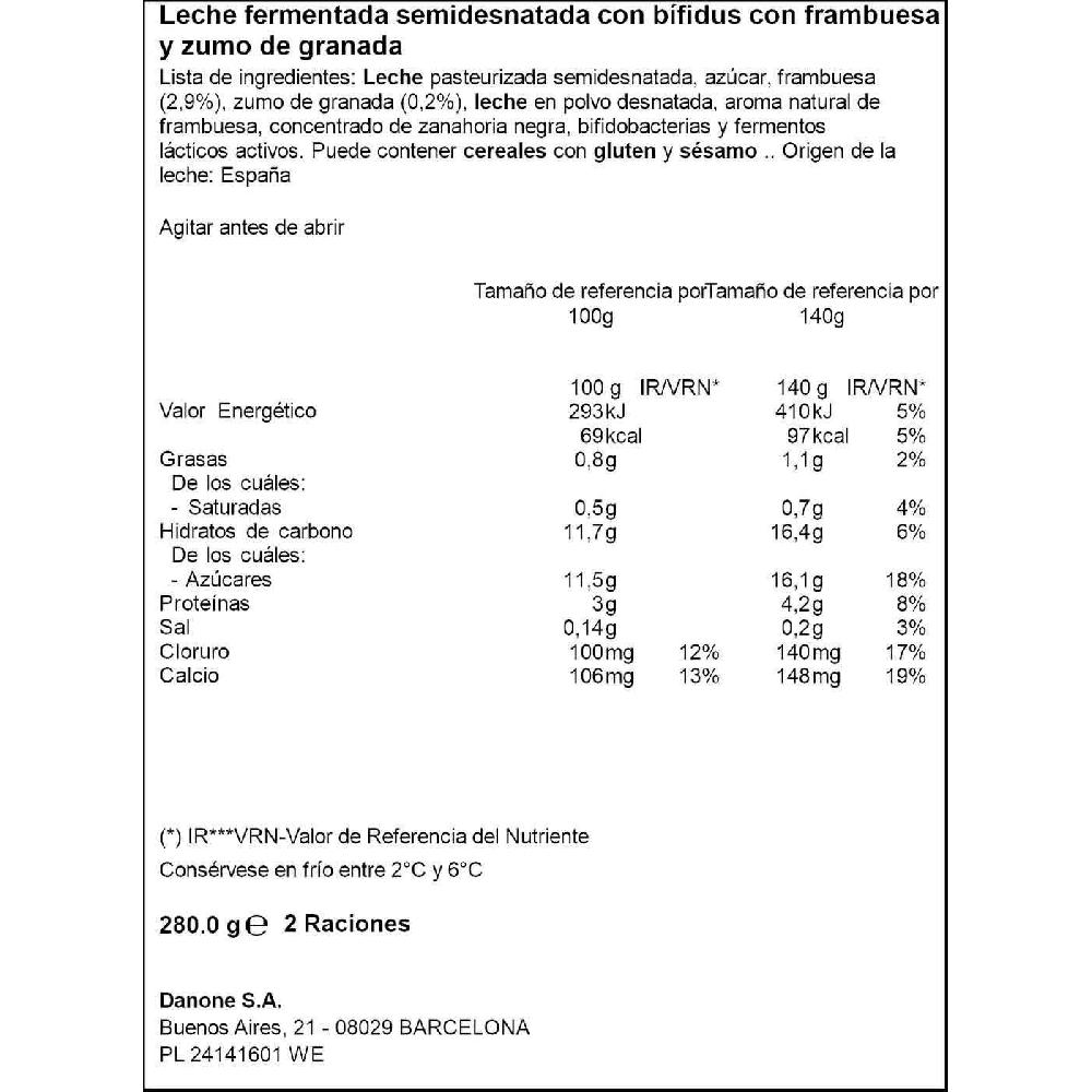 Eroski Bifidus Activia Líquido Granada-frambuesa DANONE Botella 280 G