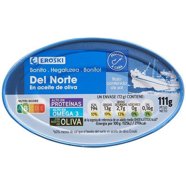 Eroski Bonito en aceite de oliva bajo en sal EROSKI lata 111 g