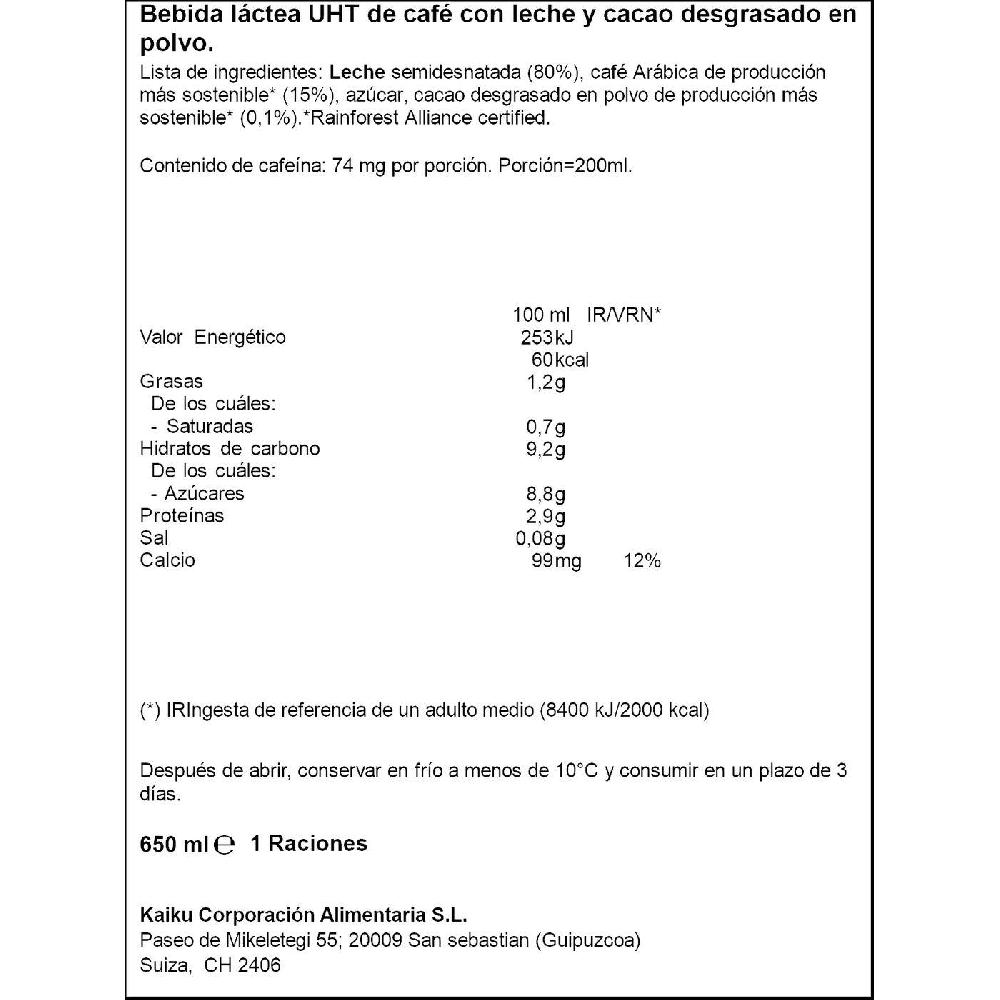 Eroski Café Capuccino KAIKU CAFFE LATTE Botella 650 G