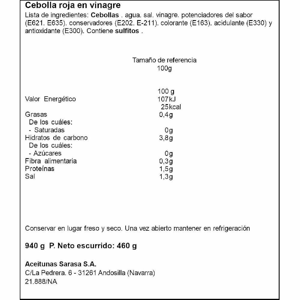 Eroski Cebollas Rojas En Vinagre SARASA Frasco 500 G