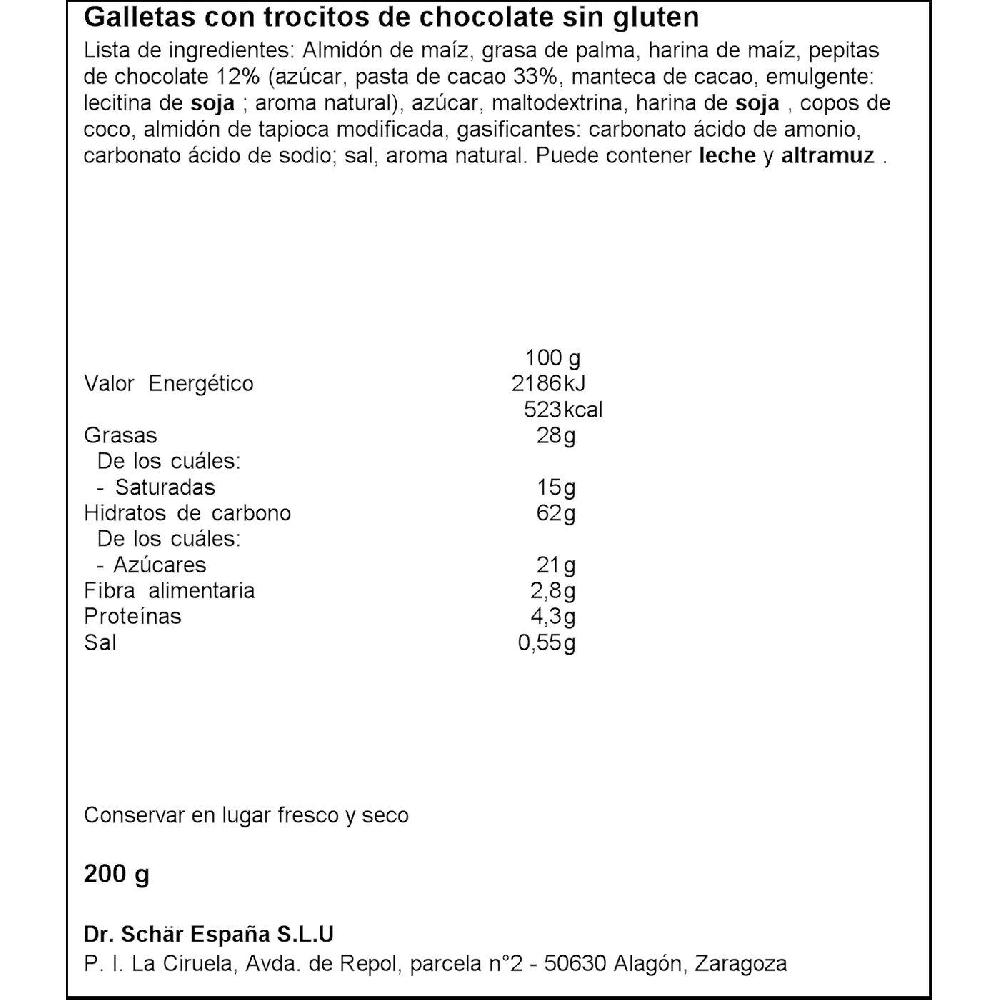 Eroski Choco Chip Cookies Sin Gluten SCHAR Paquete 200 G
