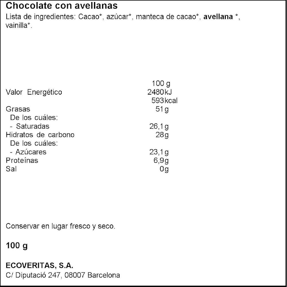 Eroski Chocolate Con Avellanas VERITAS Tableta 100 G