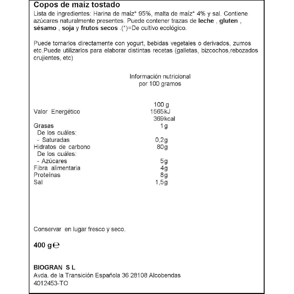 Eroski Copos De Maíz Tostado Bio ECOCESTA Bolsa 400 G