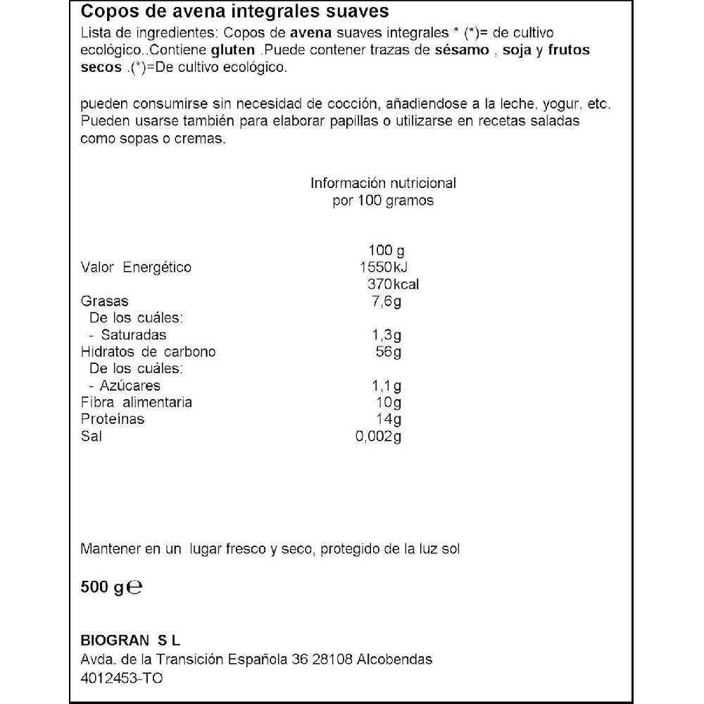 Eroski Copos Suaves De Avena Integral Bio ECOCESTA Bolsa 500 G